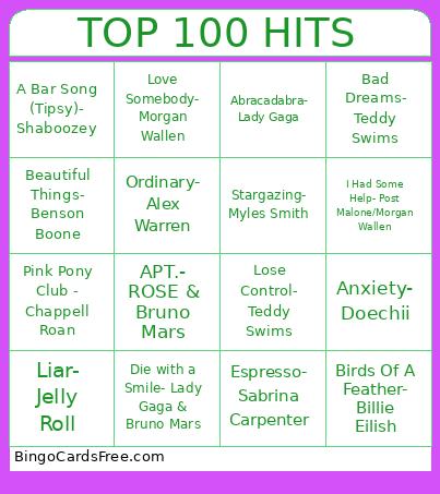 Billboard Hot 100 Bingo