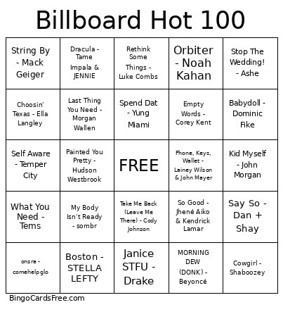 BillBoard Hot 100 Bingo Card