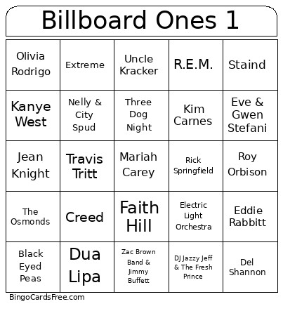 Billboard Ones 1 Bingo Card