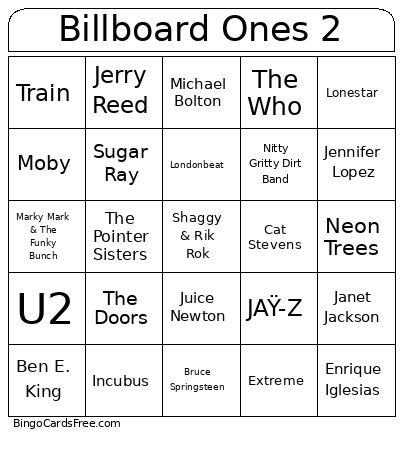 Billboard Ones 2 Bingo Card