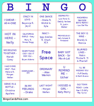 Billboard Summer Hits 1990-2025 Bingo Card
