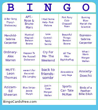 Billboard Top 25 Bingo