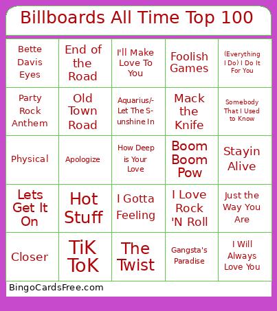 Billboards All Time Top 100 Bingo