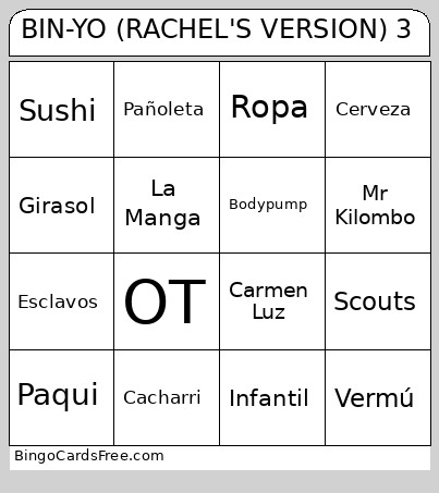 BIN-YO (RACHEL'S VERSION) 3 Bingo Card