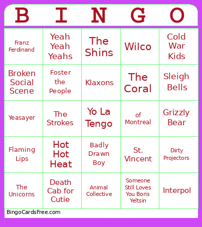 00s Indie Bingo Card