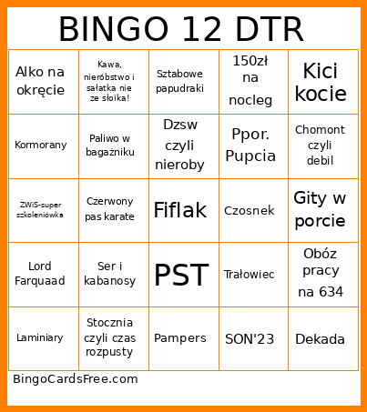12 DTR Bingo Card