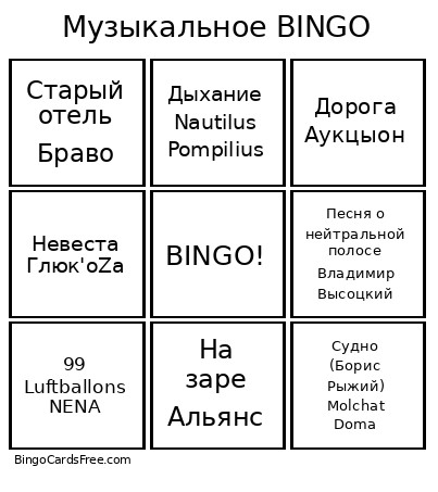 Музыкальное Bingo Card