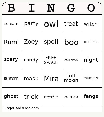 6 Haloween Bingo Card