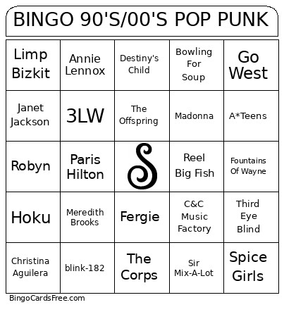 90'S/00'S POP PUNK Bingo Card
