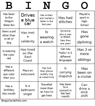 Activity Bingo Card