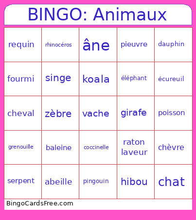 : Animaux Bingo Card