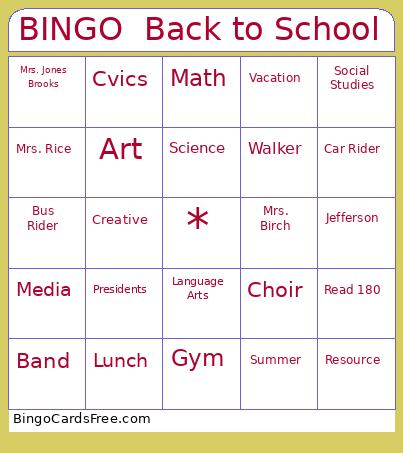 Back To School Bingo Card