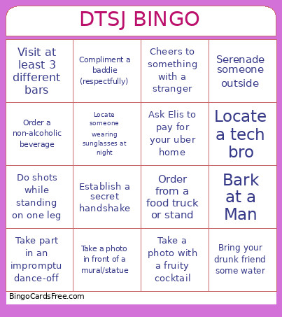 Bar Crawl Bingo Card