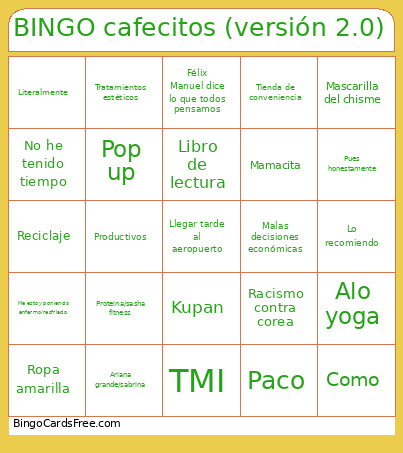 Cafecitos (versión 2.0) Bingo Card