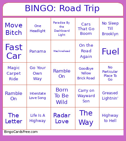Road Trip Bingo Card