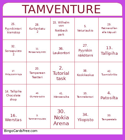 Tamventure Bingo Card