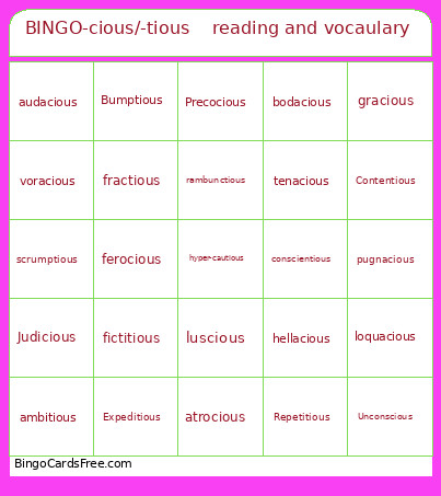 -cious/-tious Reading And Vocaulary Bingo Card
