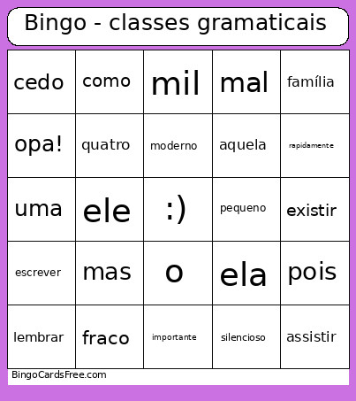 - Classes Gramaticais Bingo Card