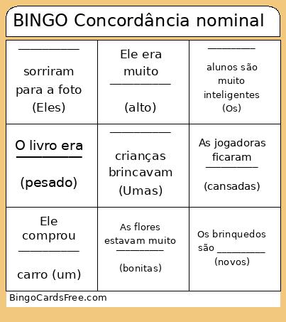 Bingo concordância nominal 