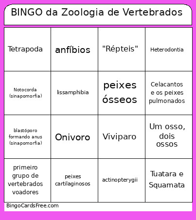 Da Zoologia De Vertebrados Bingo Card