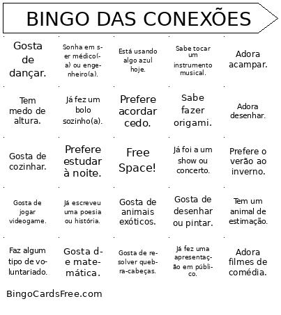 BINGO DAS CONXÕES Cards Free Pdf Printable Game, Title: BINGO DAS CONEXÕES