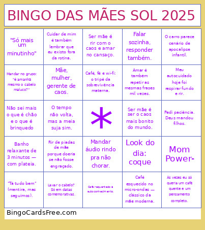 Das Mães Sol 2025 Bingo Card