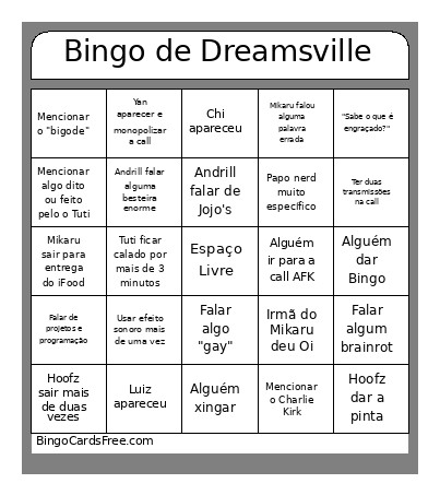 De Dreamsville Bingo Card