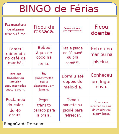 De Férias Bingo Card