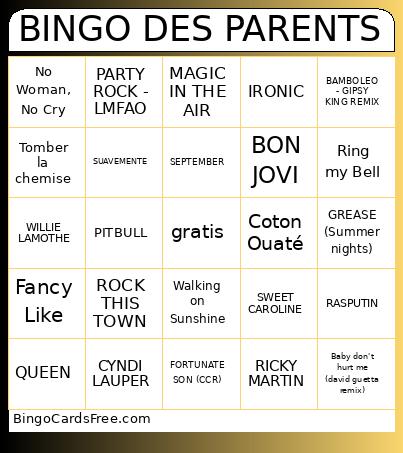 DES PARENTS Bingo Card