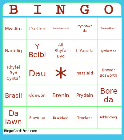 Diwedd Flwyddyn Bingo Card