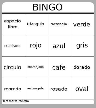 Espanol(colors, Shapes) Bingo Card
