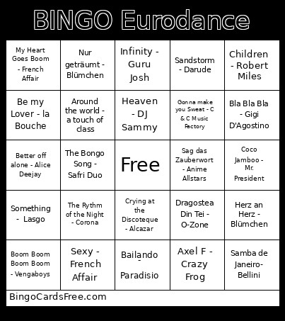 Eurodance Bingo Card