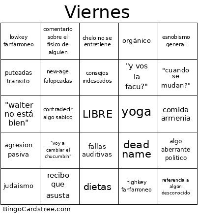 Familiar Bingo Card