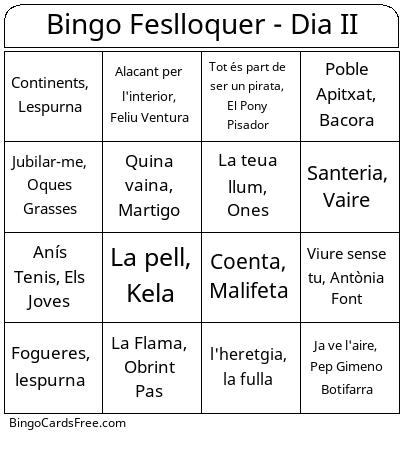 Feslloc Dia 1 Bingo Cards Free Pdf Printable Game, Title:  Bingo Feslloquer - Dia II