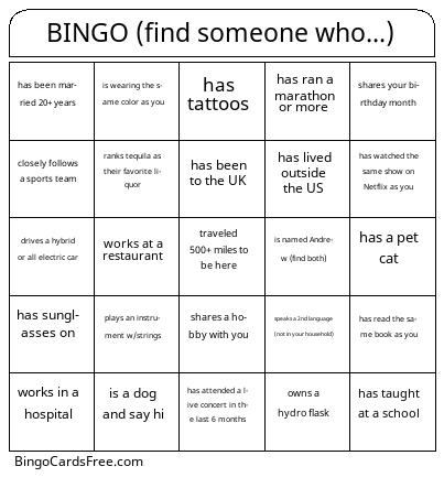 Find Someone Who Bingo Cards Free Pdf Printable Game, Title: BINGO (find someone who...)