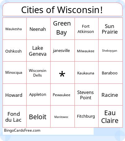 Bingo for Chloe and Logan Cards Free Pdf Printable Game, Title: Cities of Wisconsin!