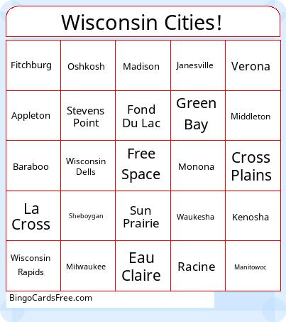 Bingo for Chloe/Logan Cards Free Pdf Printable Game, Title: Wisconsin Cities!