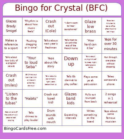 For Crystal (BFC) Bingo Card