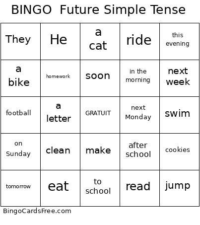 Future Simple Tense Bingo Card 3