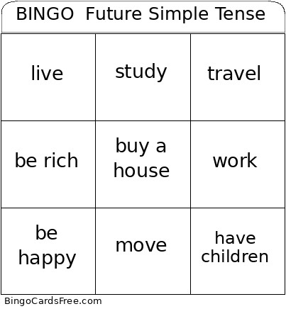 Future Simple Tense Bingo Card