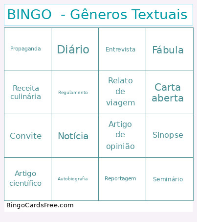 - Gêneros Textuais Bingo Card