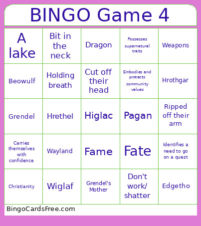 Game 4 Bingo Card