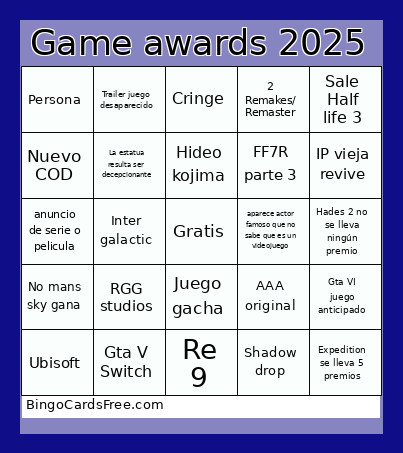 Game Awards 2025 Bingo Card 3