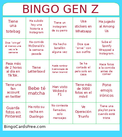 GEN Z Bingo Card