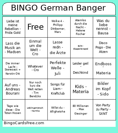 German Banger Bingo Card