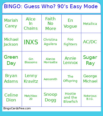 : Guess Who? 90’s Easy Mode Bingo Card
