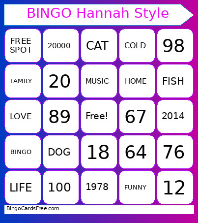 Hannah Style Bingo Card