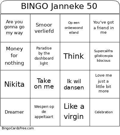 Janneke 50 Bingo Card