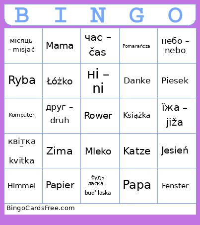 Languages Bingo Card