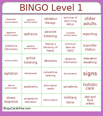 Level 1 Bingo Card